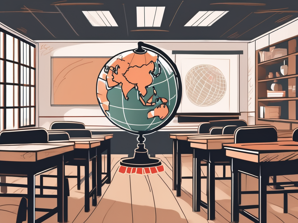 A classroom setting with a globe on the teacher's desk