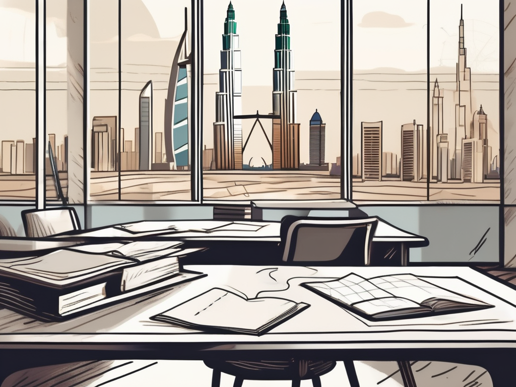 A classroom with an empty teacher's desk in the foreground