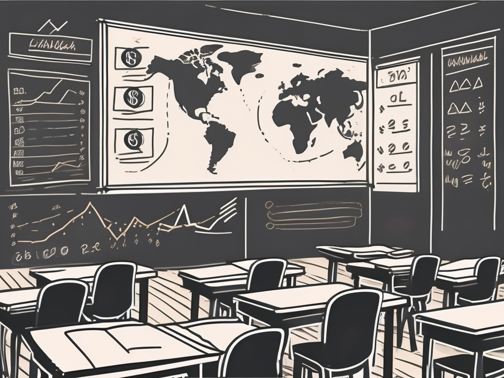 A traditional indonesian classroom with a chalkboard displaying various currency symbols