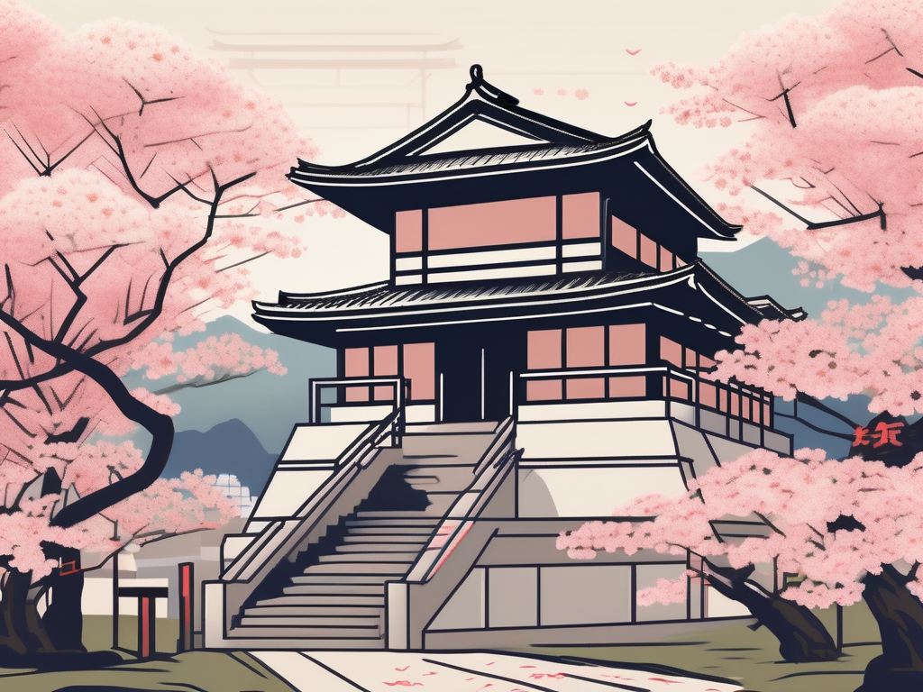 A traditional japanese school building with an international flag flying above it