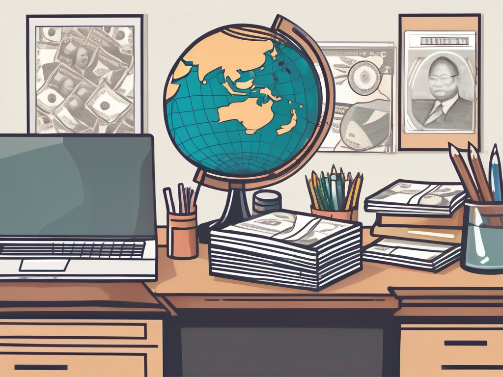 A classroom setting with diverse educational supplies scattered on a desk