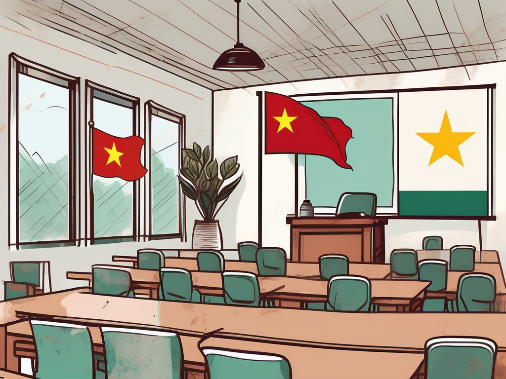 A classroom setting with international flags