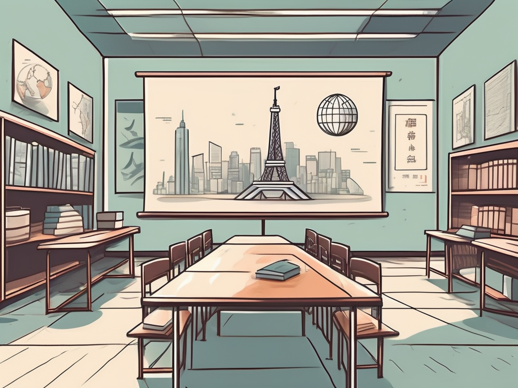A classroom setting in china with various international symbols (like the eiffel tower