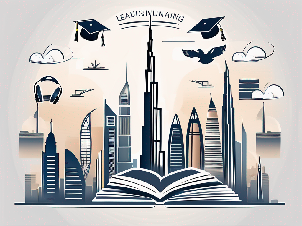 Dubai's iconic skyline with various educational symbols like books