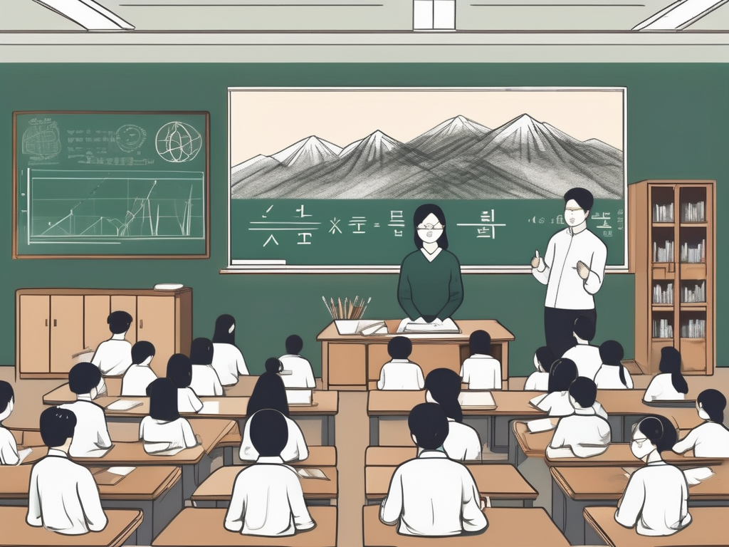 A classroom with diverse cultural symbols and a chalkboard with complex equations