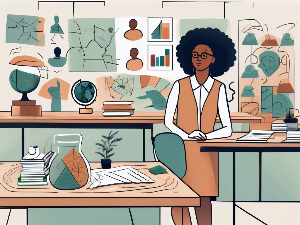 A classroom scene with diverse cultural elements and symbols