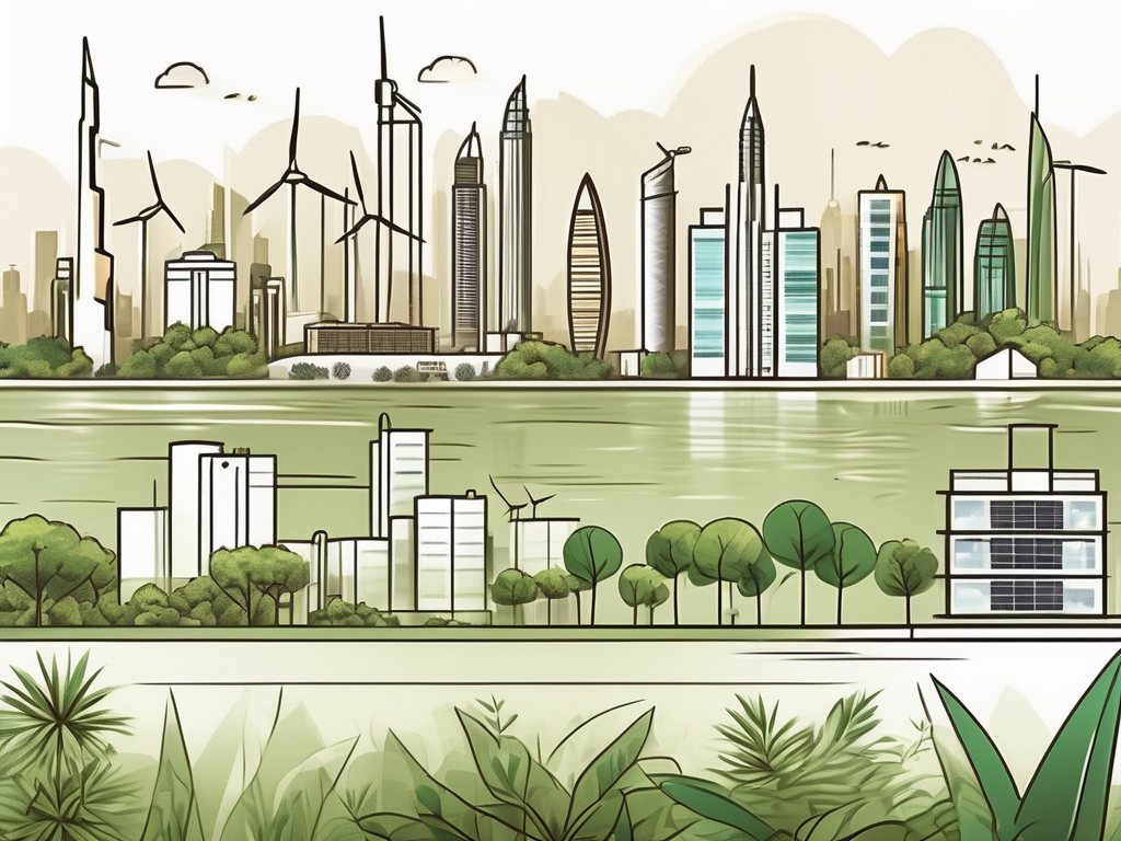 The dubai skyline with various environmental elements like solar panels