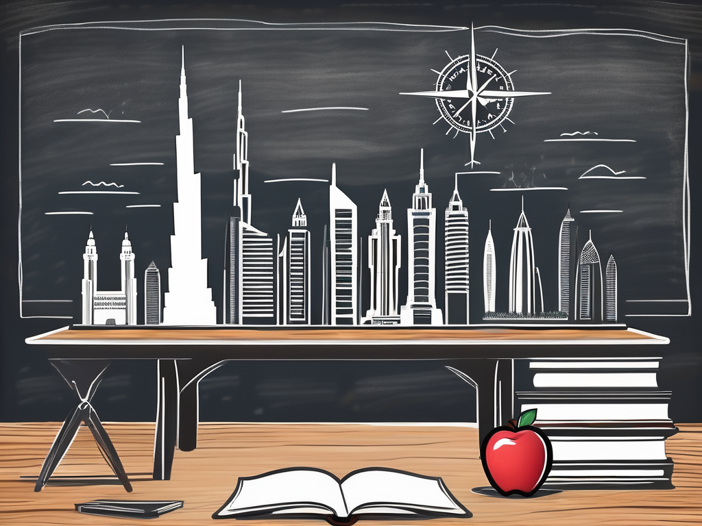 A chalkboard with a simplified dubai skyline silhouette