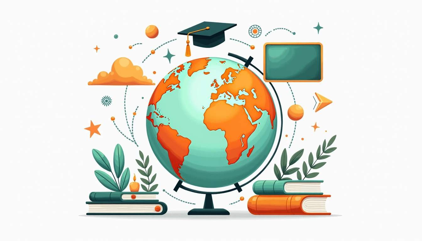 An open globe surrounded by various educational symbols such as books