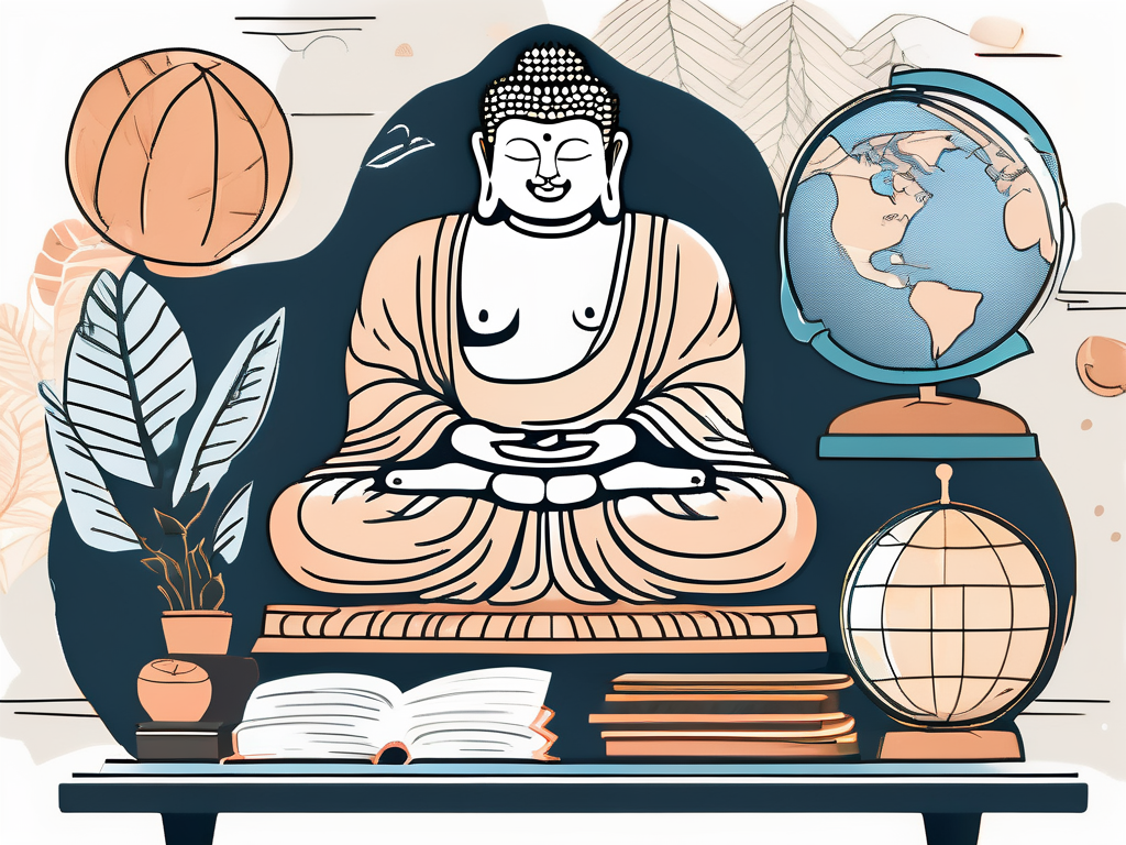 A teacher's desk adorned with typical thai elements like a tropical landscape