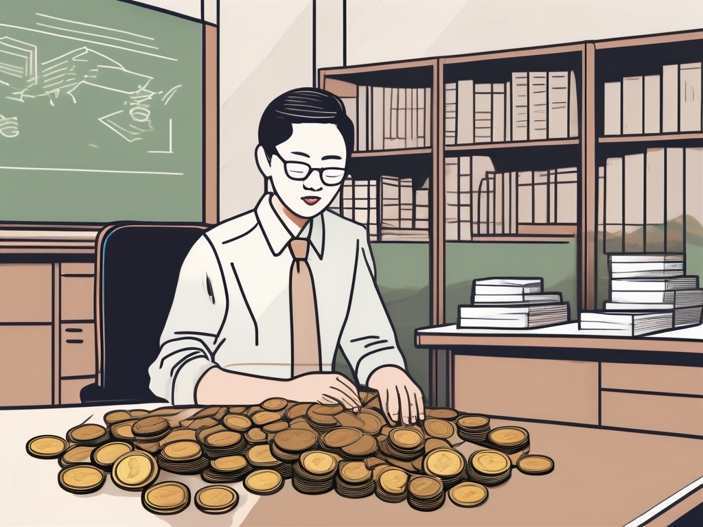 A classroom setting in taiwan with a stack of coins on the teacher's desk
