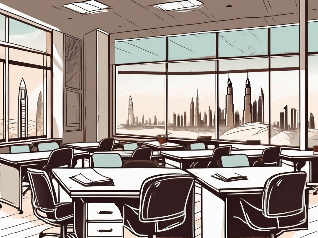 A classroom with empty desks and chairs