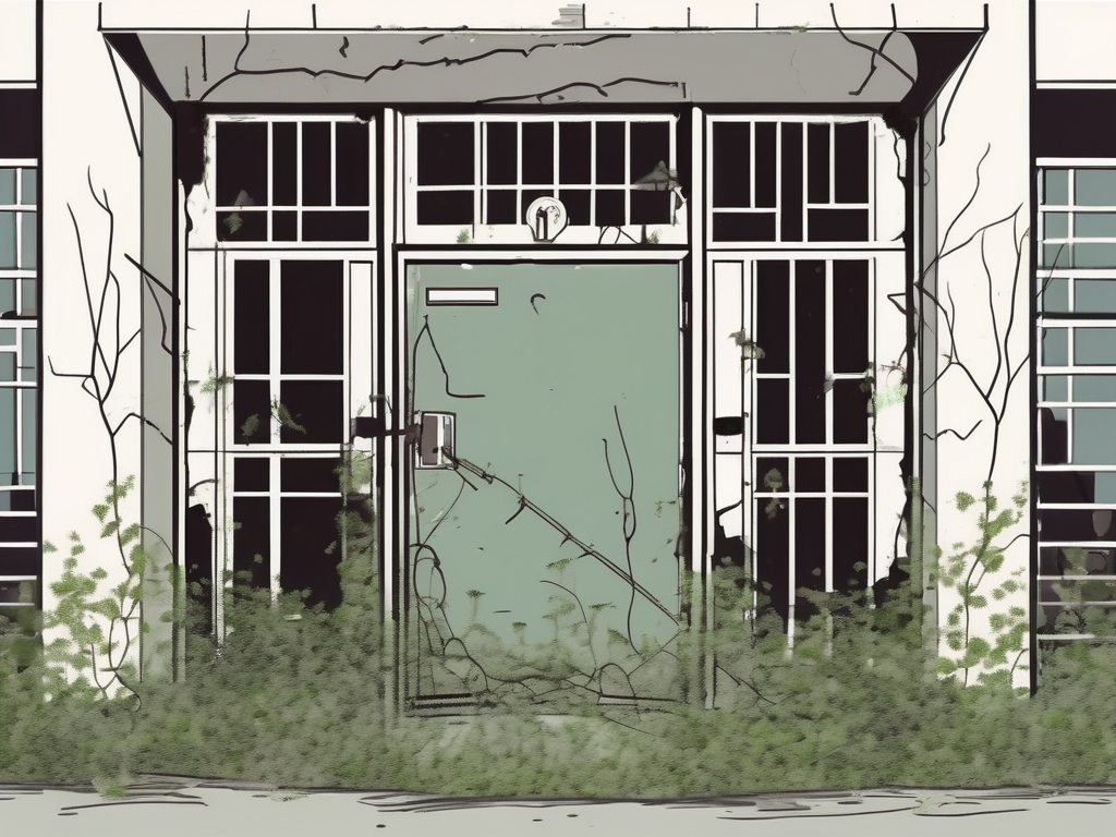A dilapidated school building with broken windows and overgrown vegetation