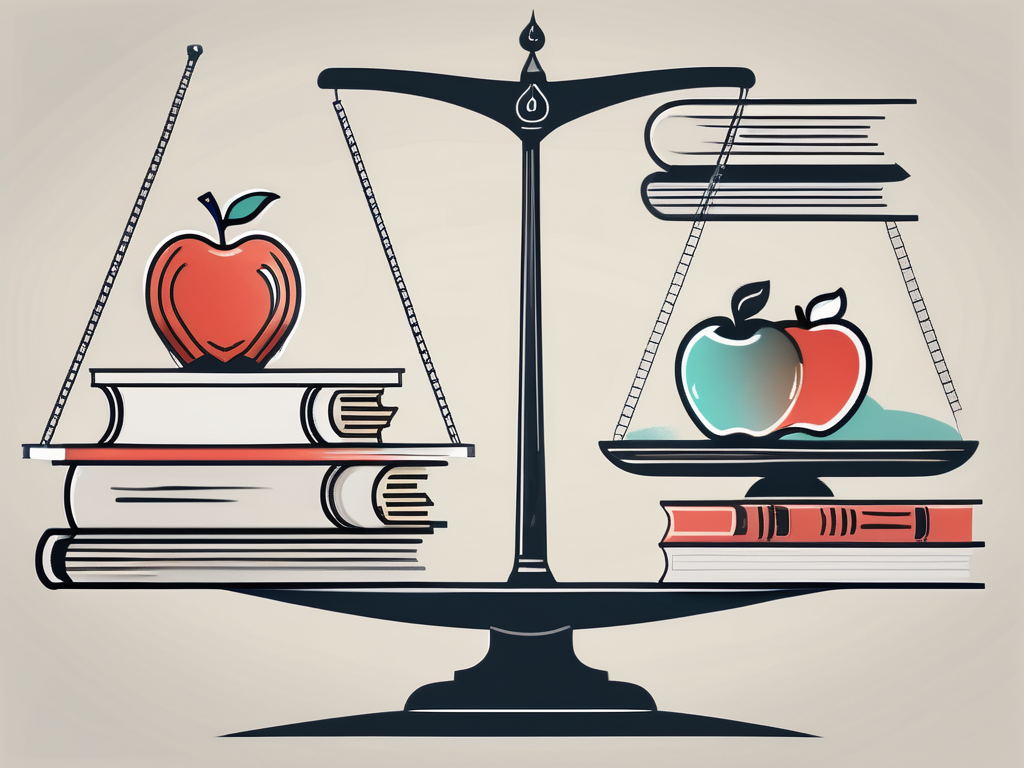 A balanced scale with iconic dubai landmarks on one side and educational symbols like books and an apple on the other
