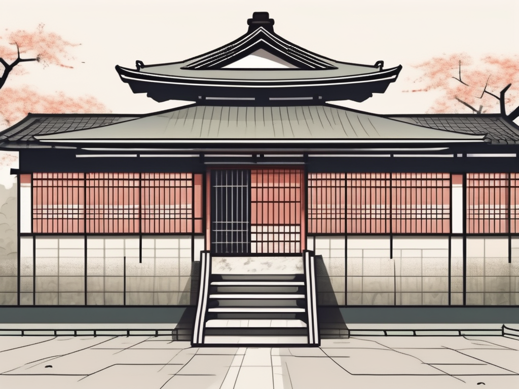 A traditional japanese school building with visible barriers such as a high wall