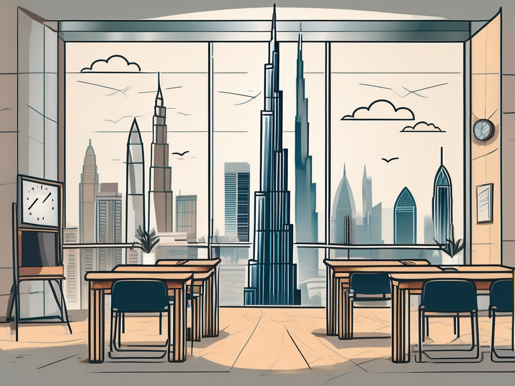 A classroom setting with iconic elements from dubai and the uk