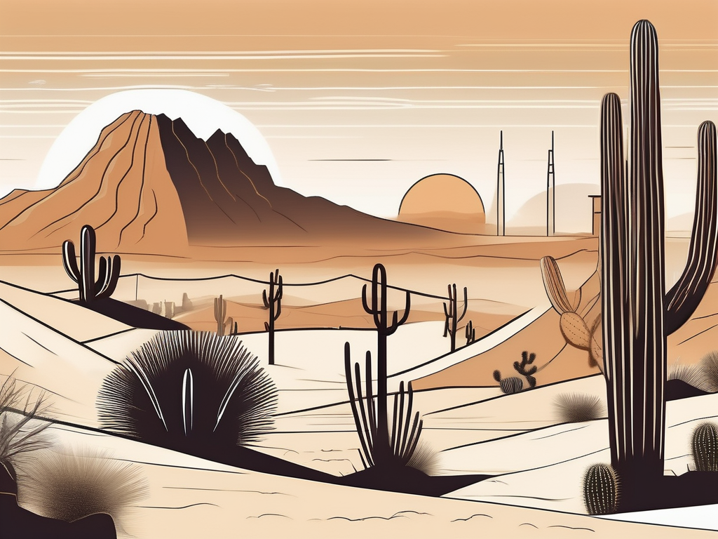 A desert landscape with symbolic barriers such as a sandstorm