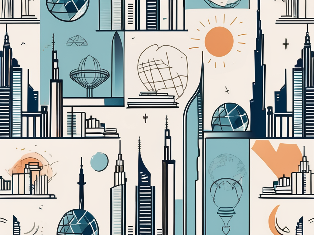 Dubai's iconic skyline with various educational symbols like books