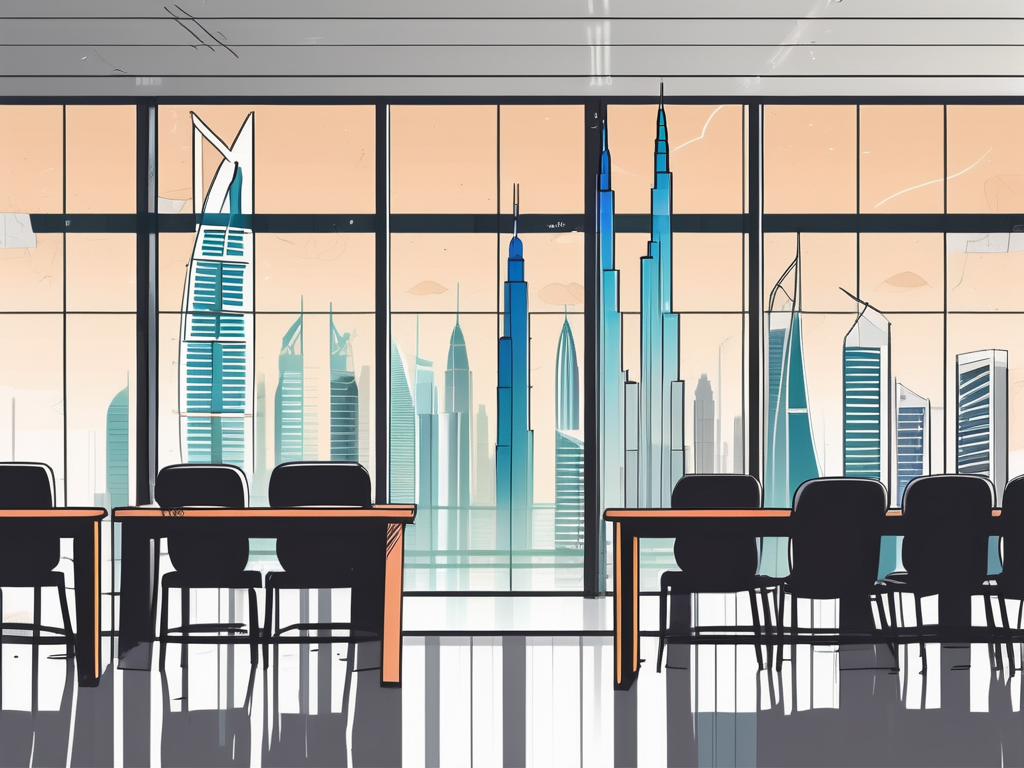 A modern classroom with a dubai skyline visible through the window