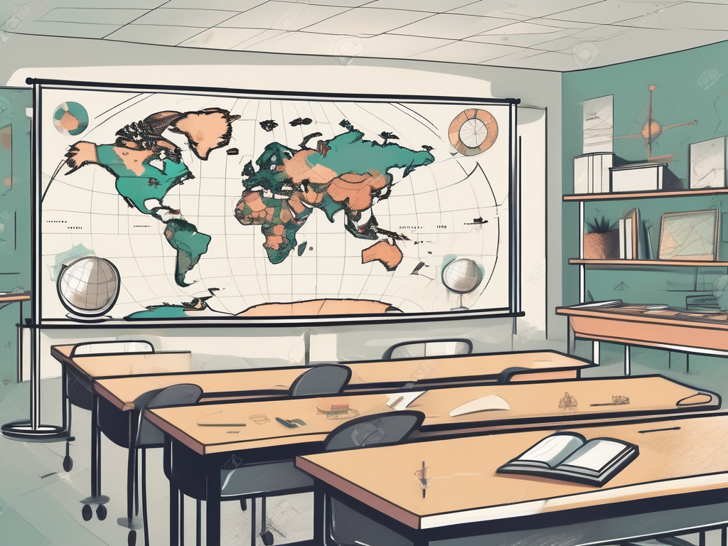 A modern classroom with a global map highlighting the united arab emirates