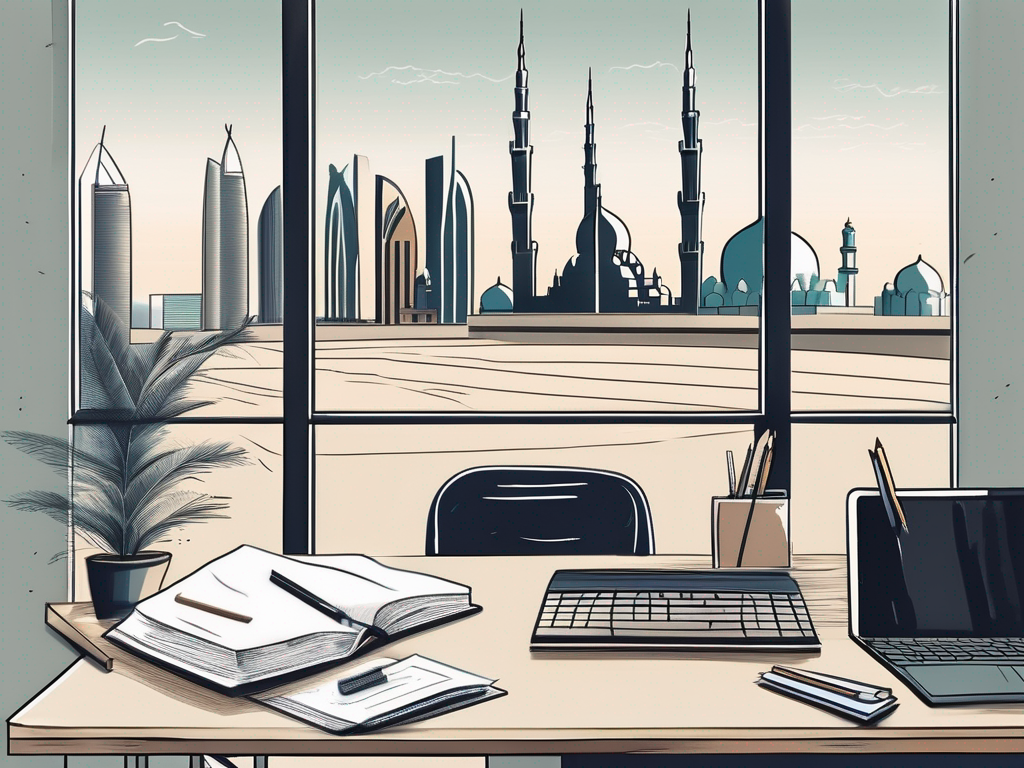A classroom setting with iconic dubai landmarks in the background