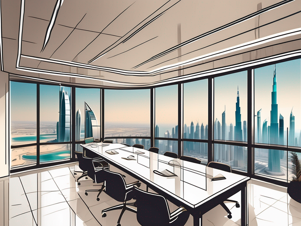 A luxurious classroom with a view of the iconic dubai skyline