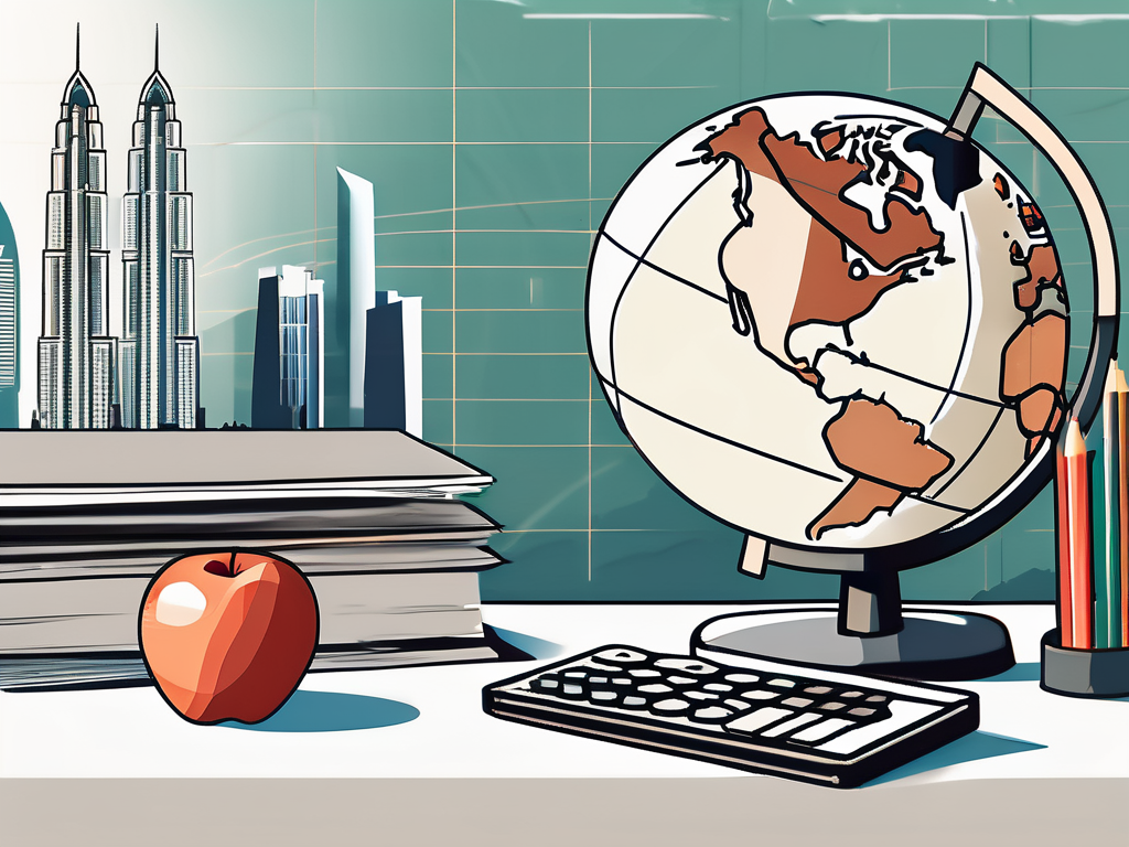 A teacher's desk with a globe