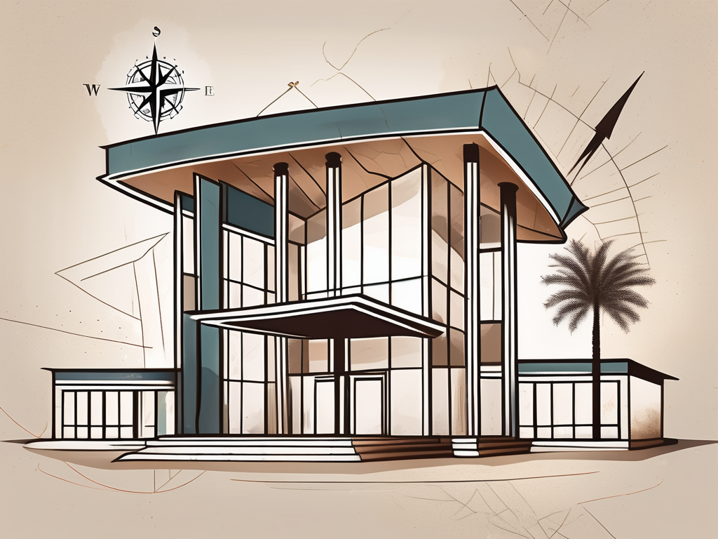 A school building in the united arab emirates with symbolic elements like an open book and a guiding compass