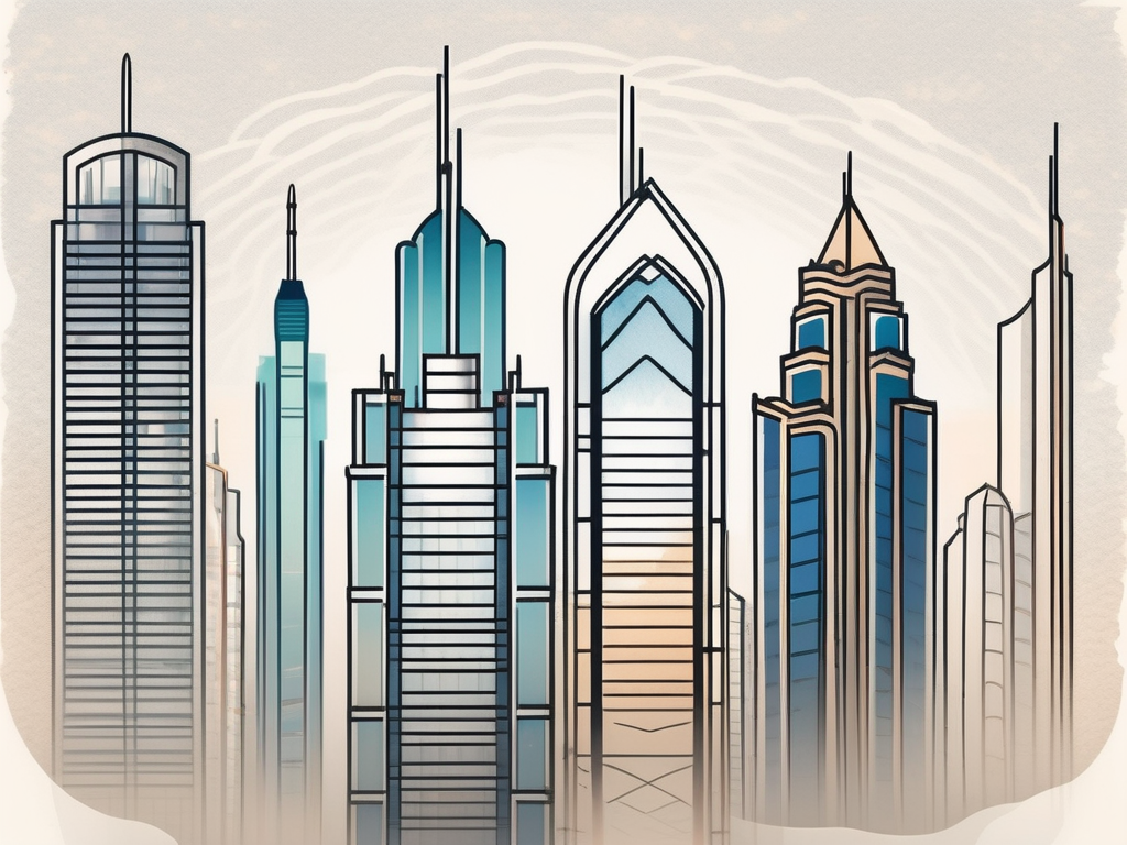 A ladder ascending towards a skyline of dubai