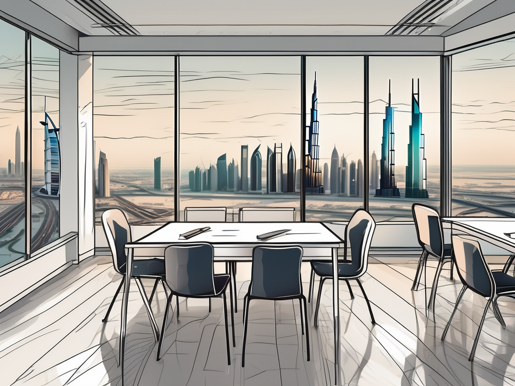 A classroom with american-style decorations overlooking the dubai skyline