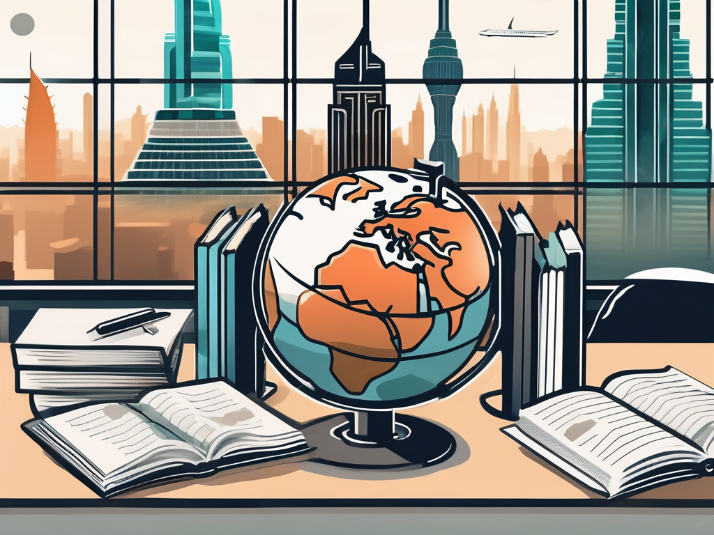 A classroom setting with a view of iconic landmarks from the top three asian countries (such as dubai's burj khalifa) in the background