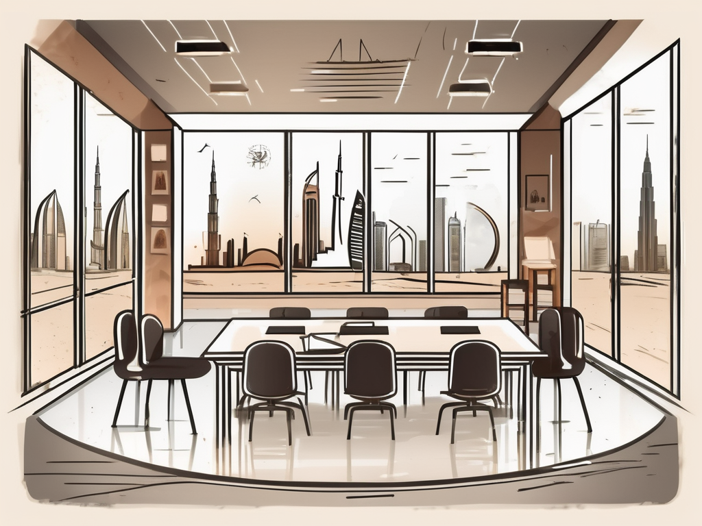 A classroom setting with iconic dubai landmarks in the background
