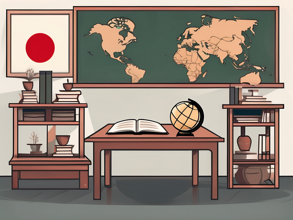 A traditional chinese classroom setting with various symbols of teaching and learning