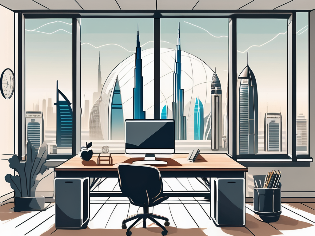 A modern classroom with a view of the iconic dubai skyline