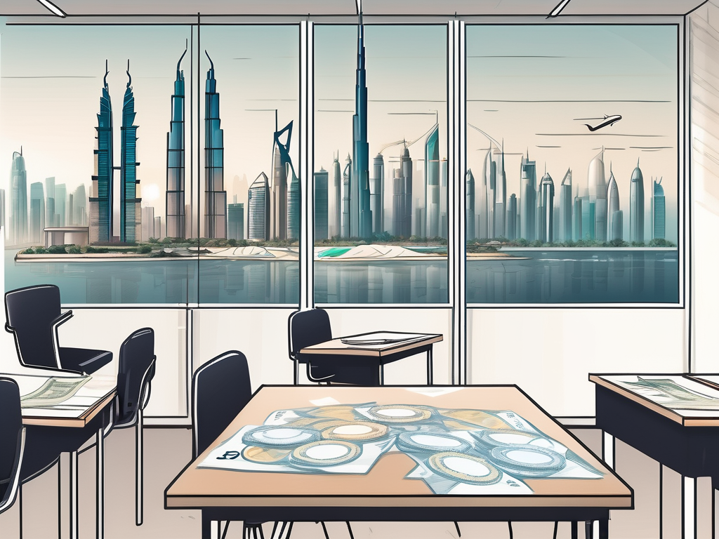 A classroom setting with various teaching tools and a view of dubai's skyline in the background
