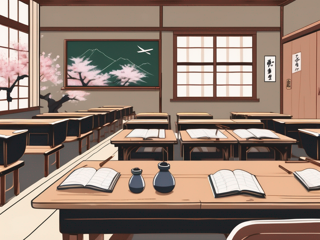 A traditional japanese classroom with a chalkboard
