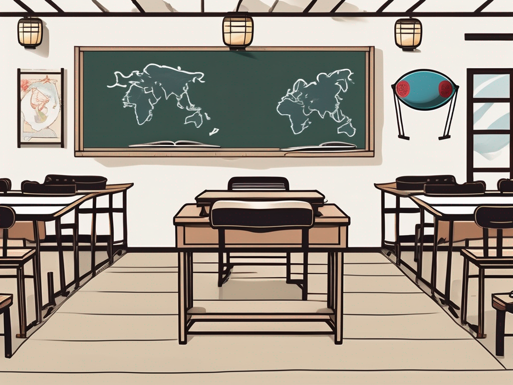 A traditional korean classroom setting with desks and chairs