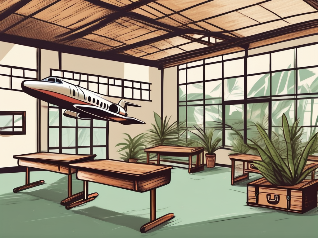 A traditional indonesian classroom setting with local elements such as bamboo desks and tropical plants