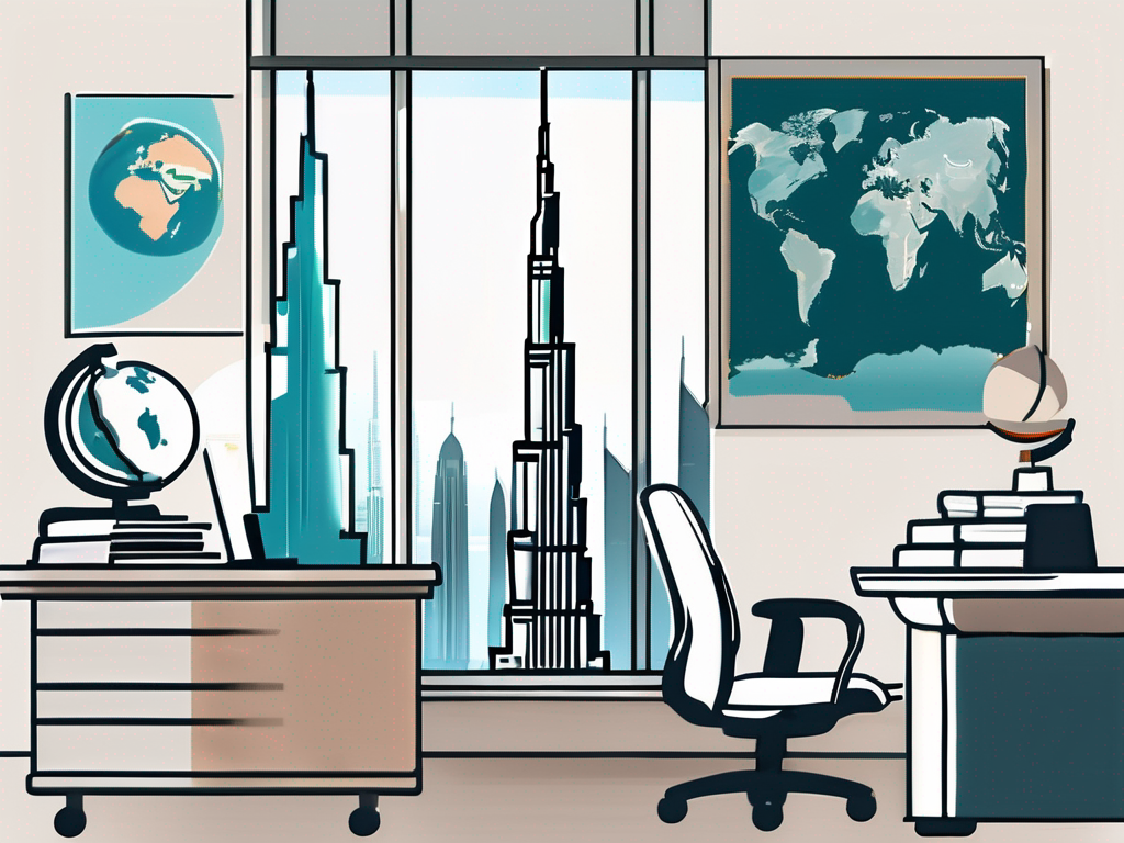 A classroom setting with a view of iconic uae landmarks outside the window