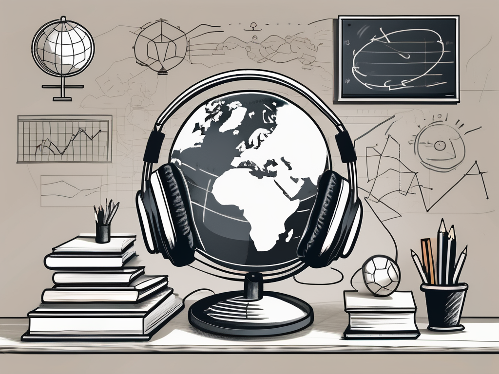 A classroom setting with various educational tools like headphones