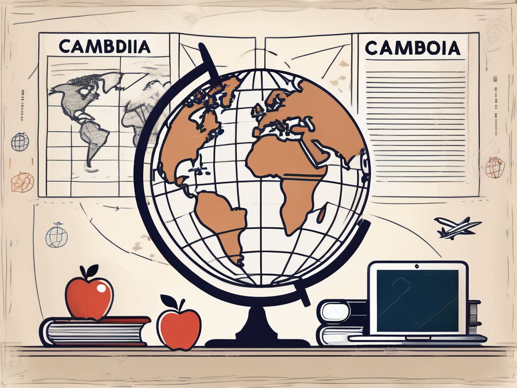 A classroom setting with a world globe focused on cambodia