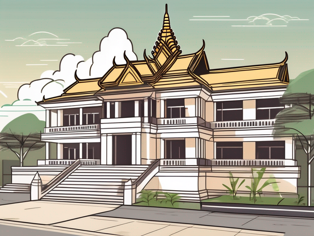 An international school building in cambodia with a background of the country's famous landmarks