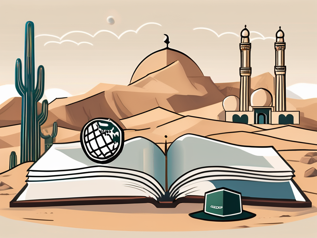 A desert landscape with a traditional saudi arabian building in the background