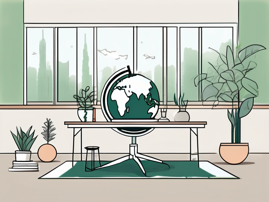 A serene classroom environment in saudi arabia with symbols of wellness such as a yoga mat