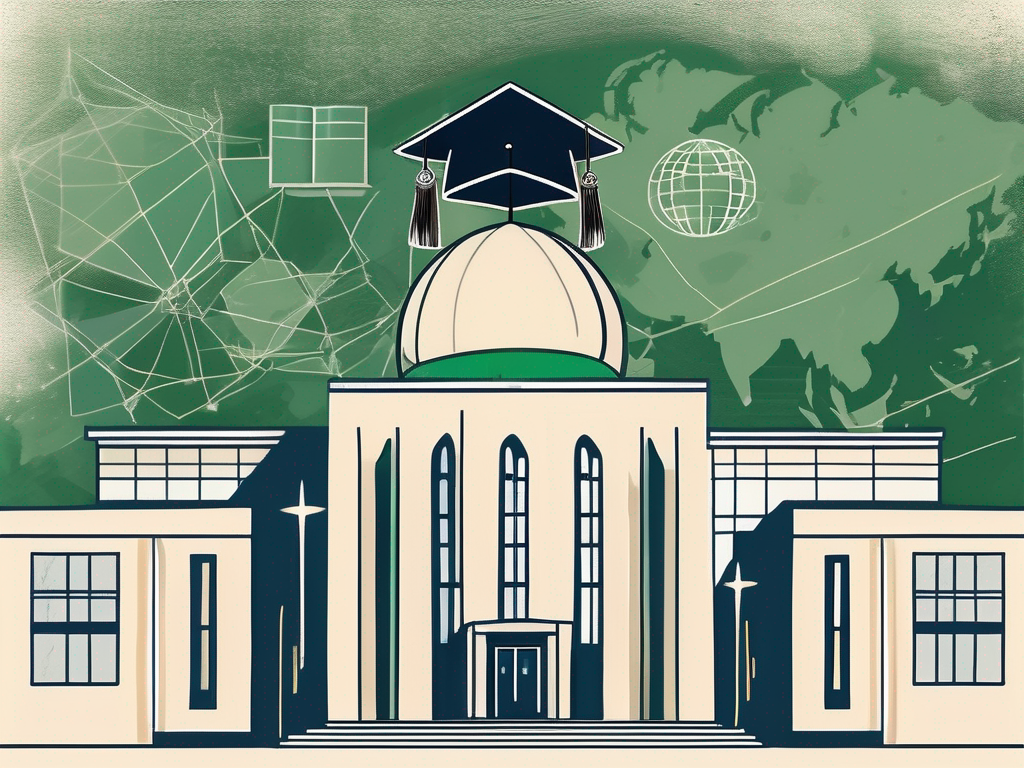 An international school building with the saudi arabia flag flying overhead