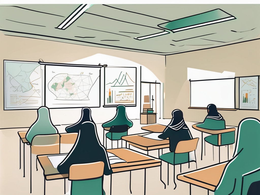 A classroom with a mix of saudi arabian cultural elements and international teaching tools