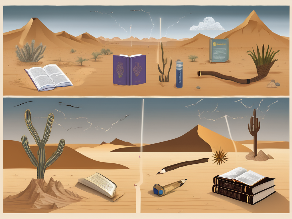 A barren desert landscape with six symbolic elements representing the factors contributing to low literacy rates