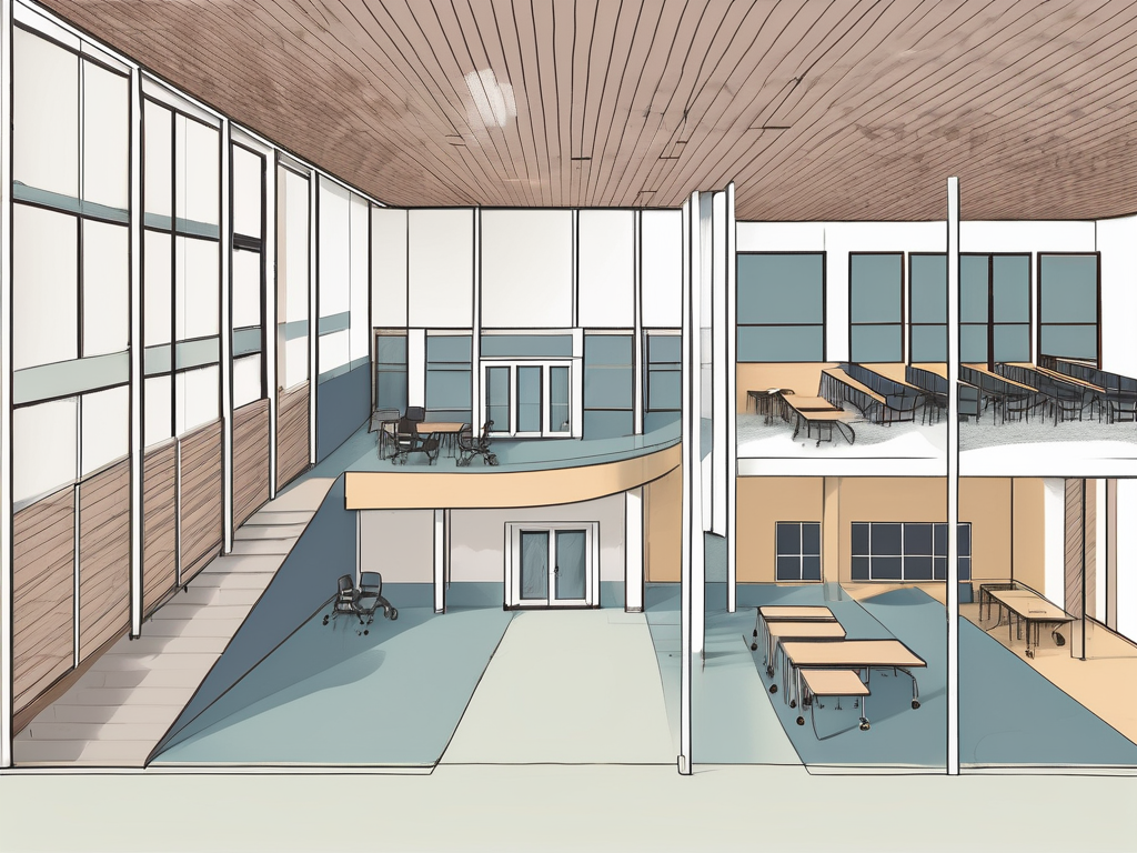 A school building with six different sections