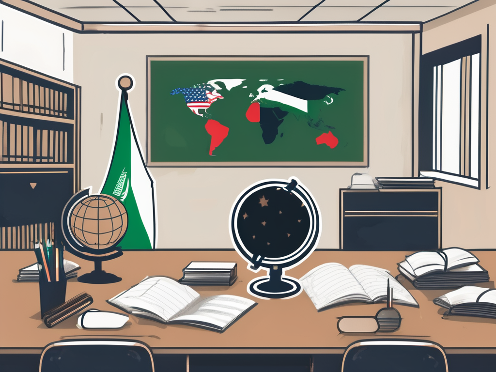 A classroom setting with american and saudi arabian flags
