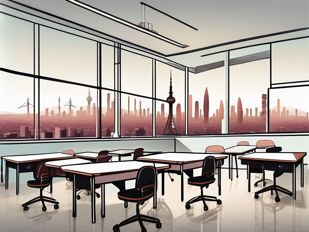 A classroom setting with desks and chairs